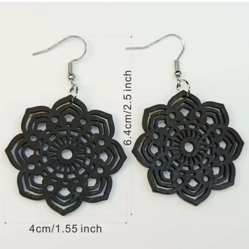 Black Flower Boho Wood Earrings - Picture 4 of 4